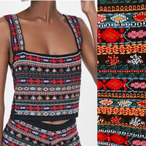 Zara Knit Beaded Embroidered Crop Boho Tank Top Zip Black Small Boho Festival - Picture 1 of 9